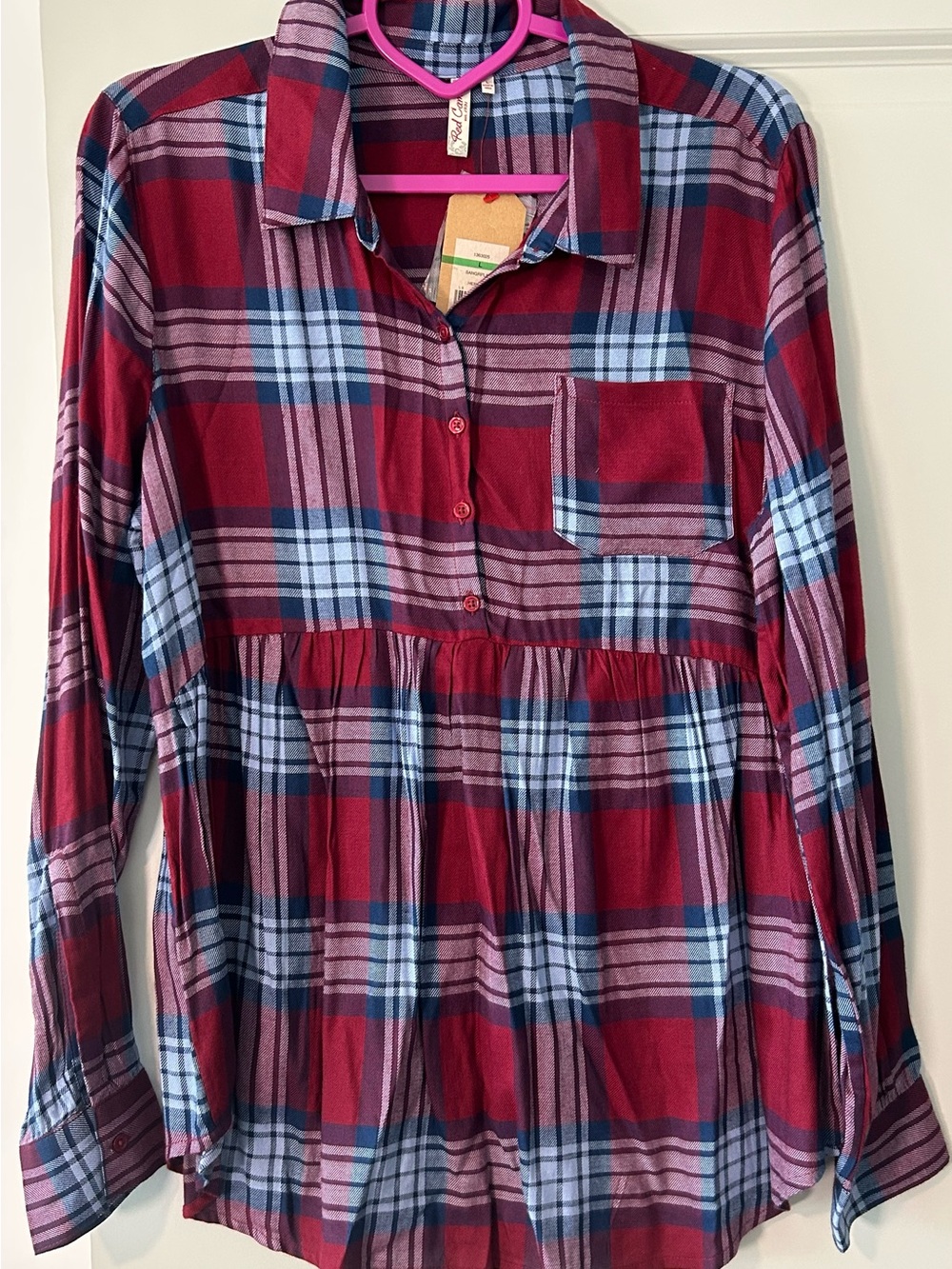 Ladies Red & Light Blue Plaid Button-Front Shirt Top